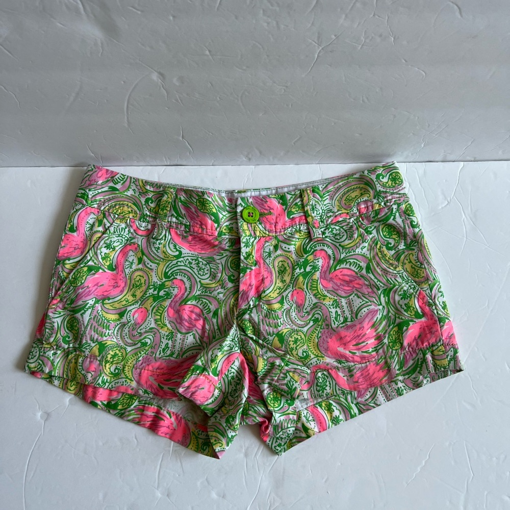 Lilly Pulitzer women pink flamingo green the Walsh shorts SZ 0